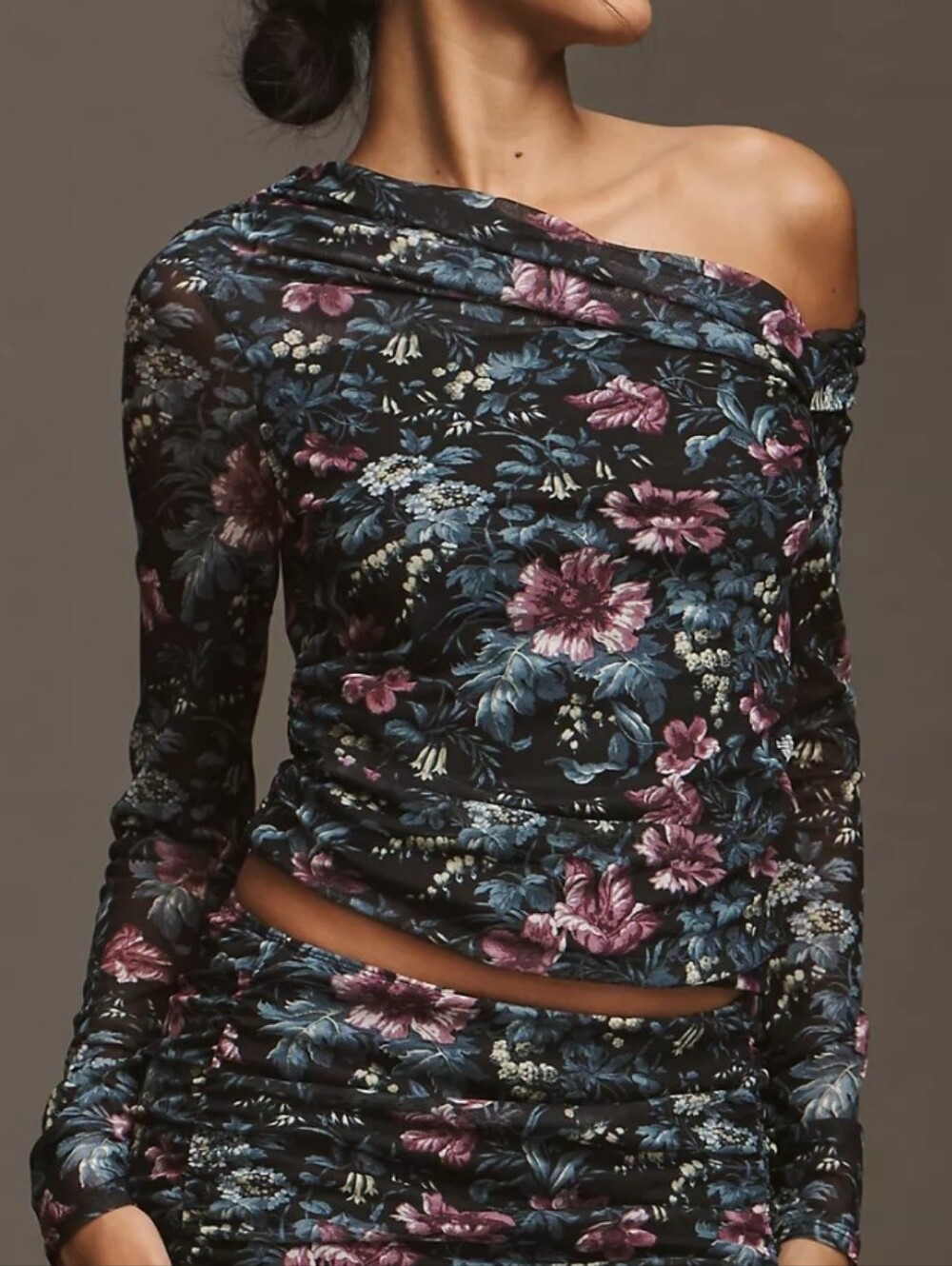 NWT Anthropologie Mesh Long Sleeve Asymmetric Floral Top